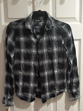Express Women's Black & Gray Plaid Button-Down Shirt